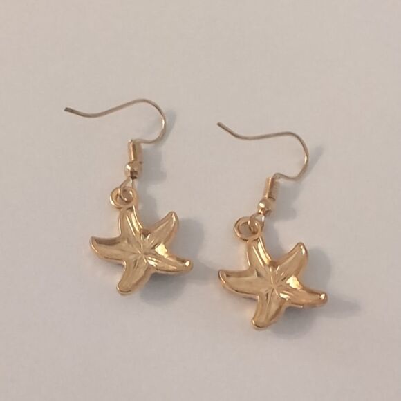 Gold Starfish Painted Blue Dangle Earrings‎ - Picture 3 of 4